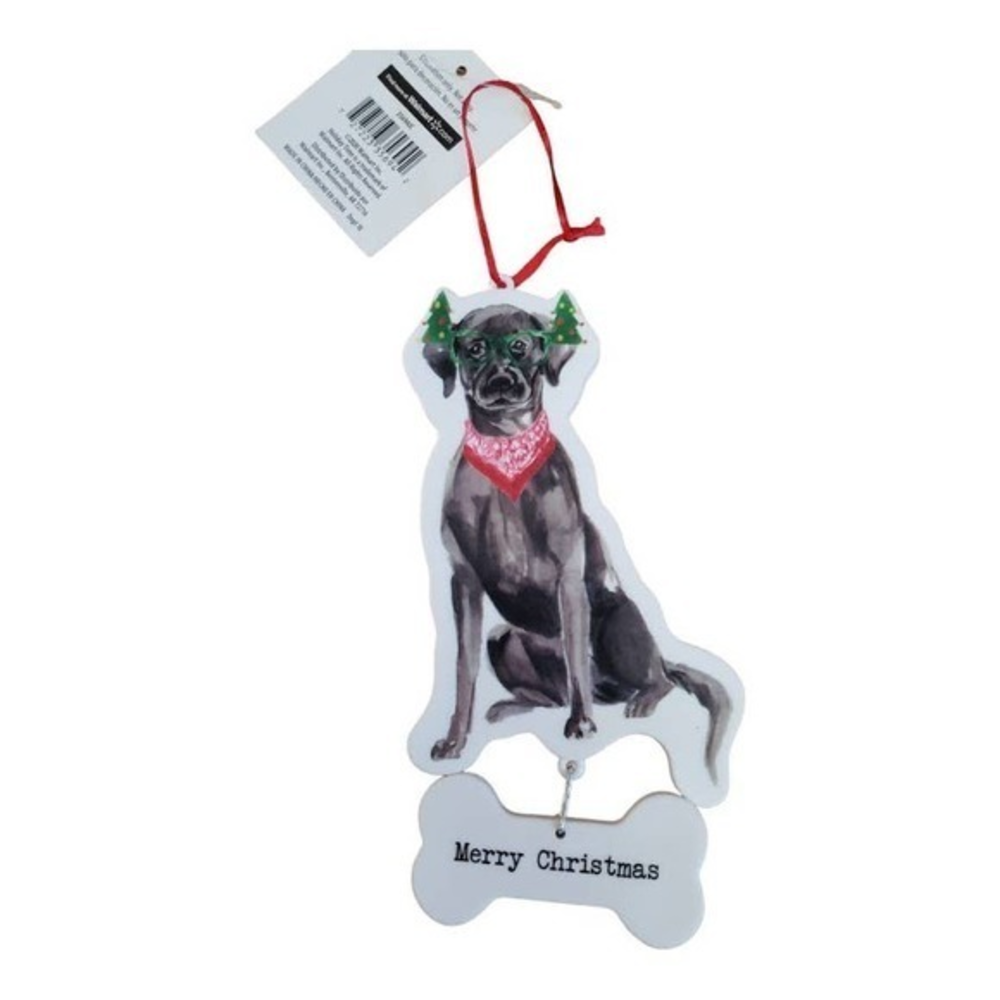 Black Lab Happy Howlidays Christmas Ornament with bone hanging 5" x 3",‎ White